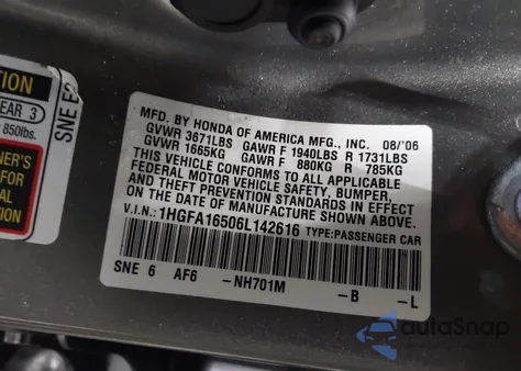 2006 Honda Civic Lx from USA, damaged, VIN 1HGFA16506L142616